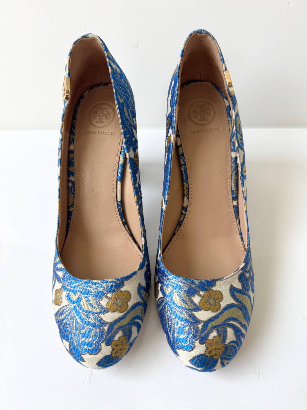 Tory Burch Elizabeth Metallic Floral Brocade Block Heel Pumps in Blue Multi Sz 8 - Picture 2 of 9